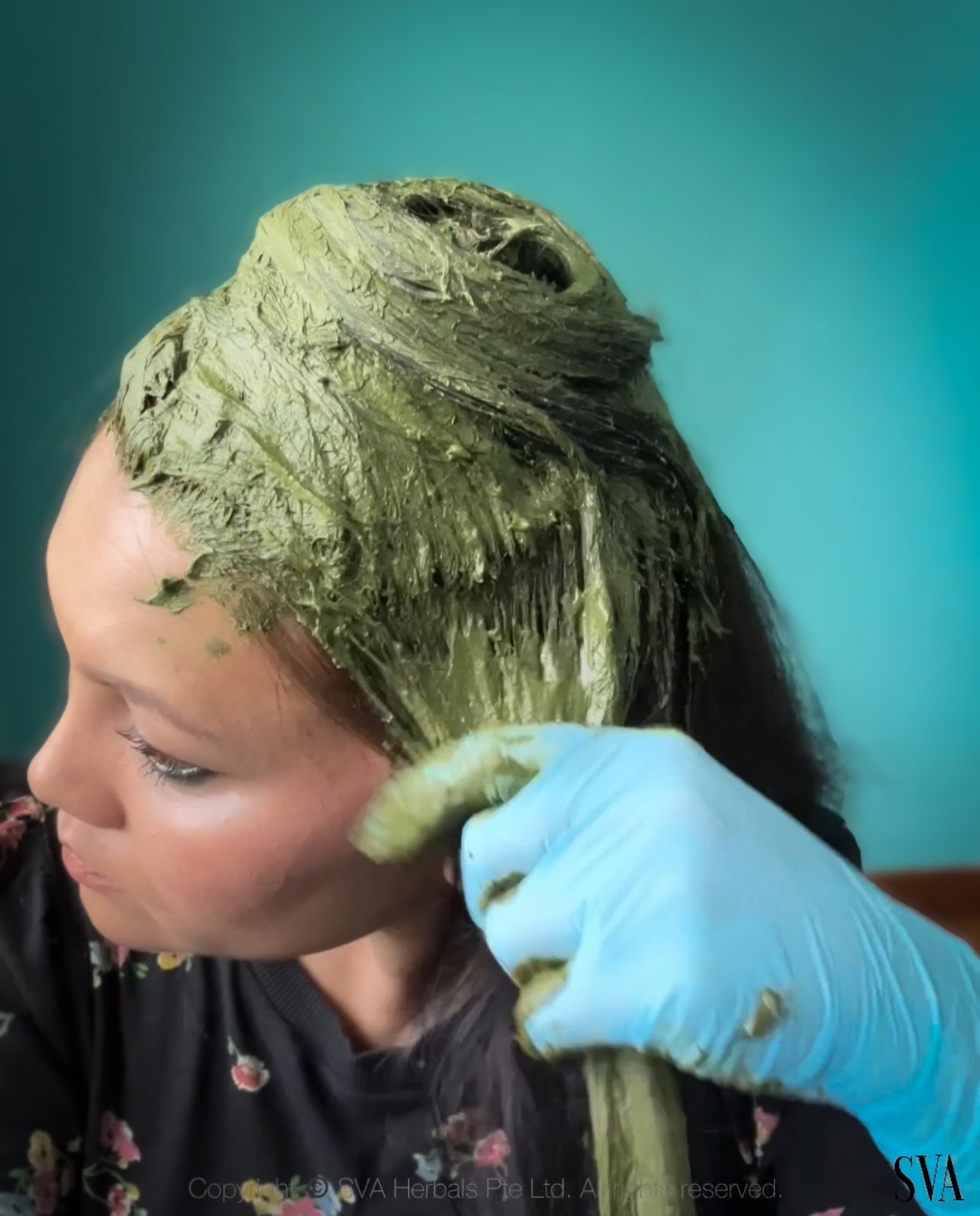 Application of SVA Plant toner to tone henna orange hair to get natural dark brown shade Singapore