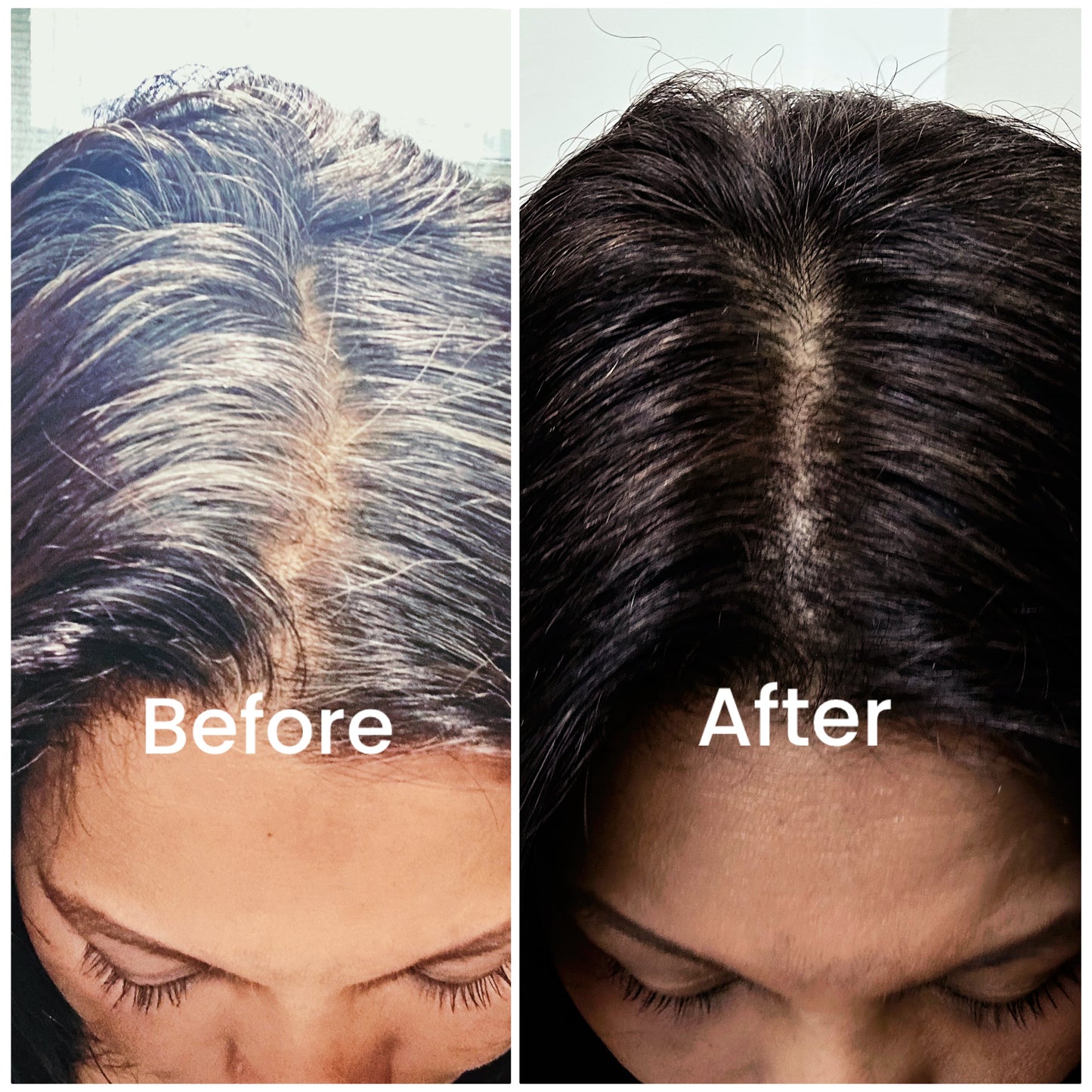 Before and after 100% grey coverage with SVA Noor henna and plant toner  dark brown hair colour result with plant based hair dye Singapore