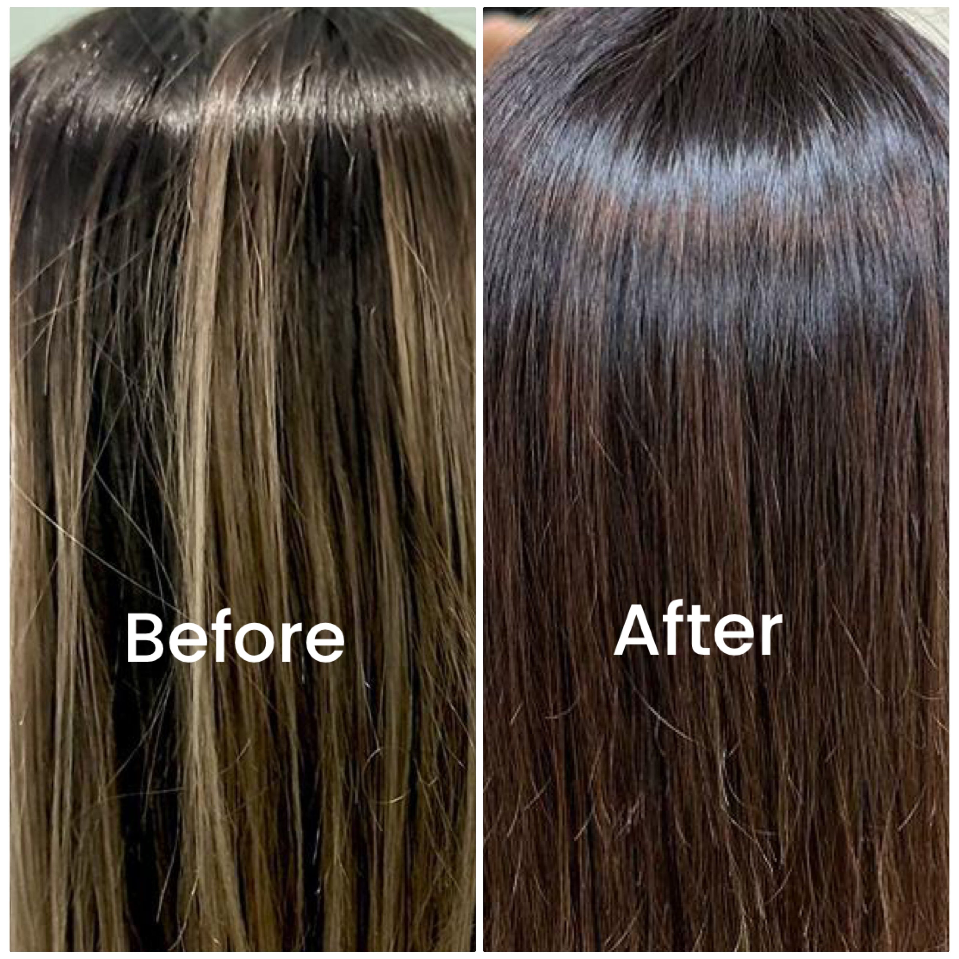 Before and after comparison of hair treatment showing improved health and shine with SVA Plant Based Hair Dye Singapore