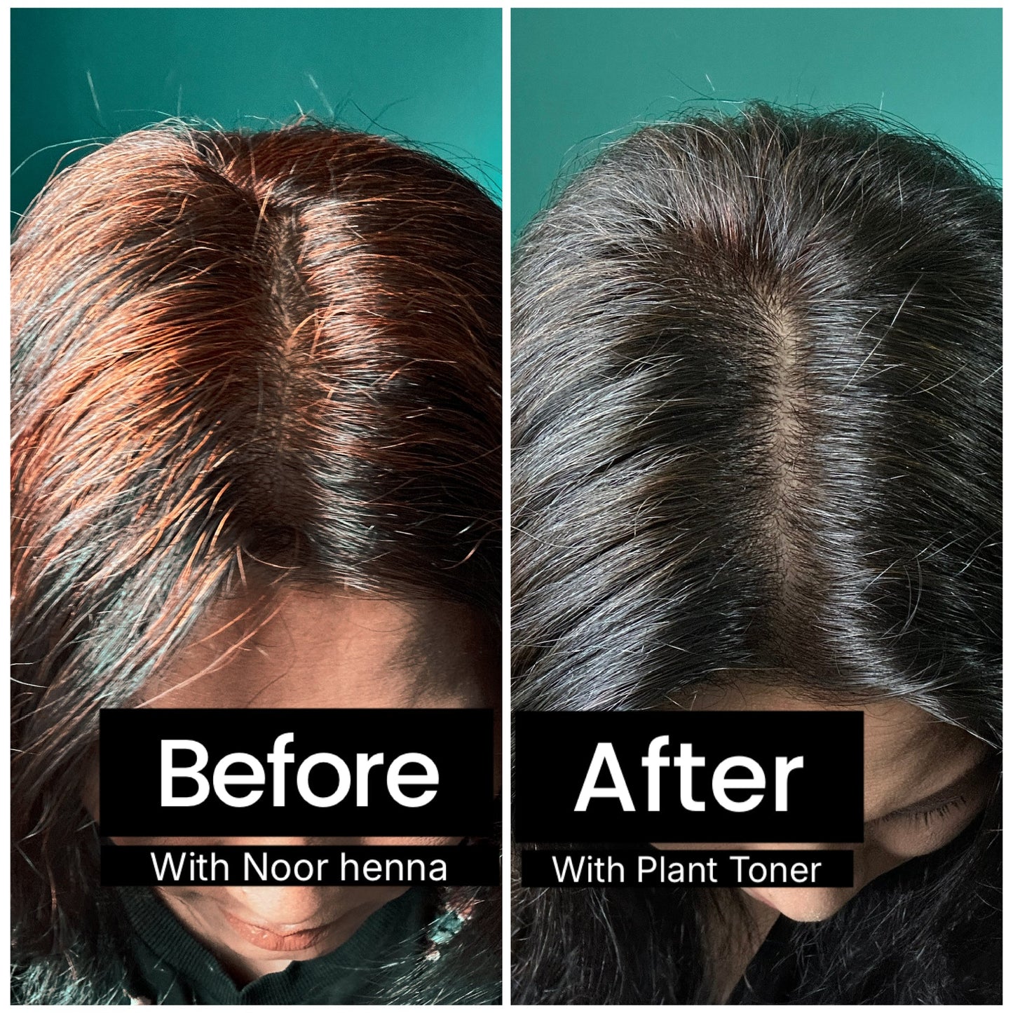 Before and after comparison of hair color treatment with Noor henna and plant toner.