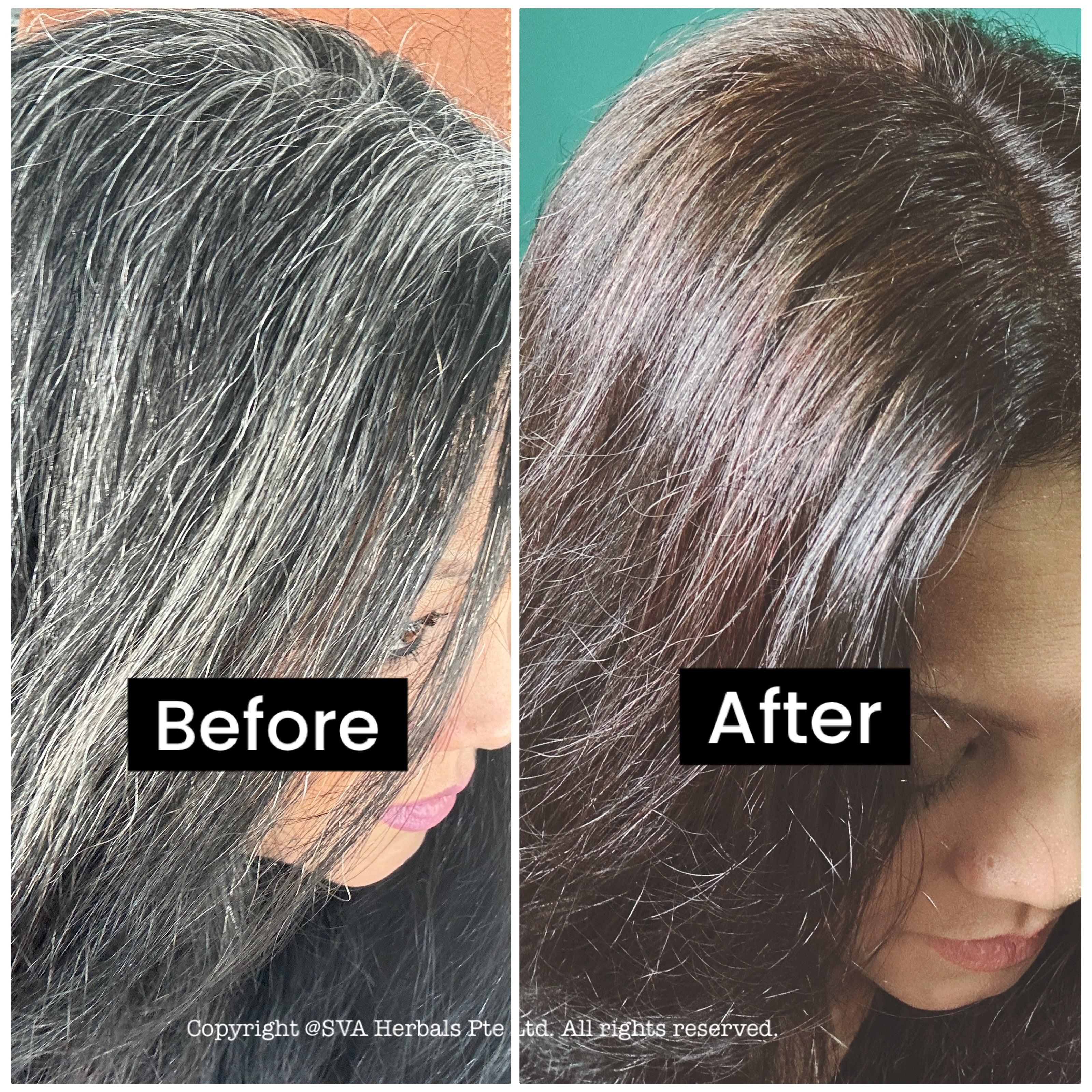 Before and after comparison of hair color treatment showing grey hair on the left and treated hair on the right using 100% natural plant based hair dyes Singapore