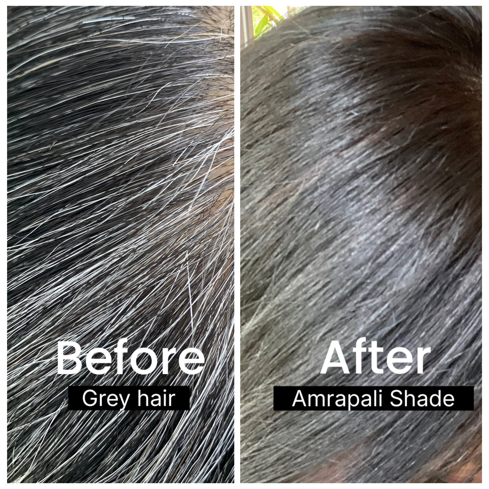 Before and after grey hair coverage with SVA Amrapali Deep brown Shade in plant based hair dyes chemical free range Singapore